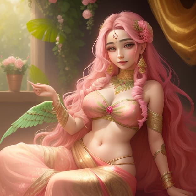  a young woman sits elegantly, adorned in a vibrant pink saree with intricate golden borders. she possesses long, flowing hair that cascades down her shoulders, complemented by a delicate subtle bindi on her forehead. behind her, large, lush green wings extend gracefully from a backdrop of floral decorations, featuring blooming pink roses intertwined with rich greenery. above her, the name 'pjinky' is displayed in an artistic, stylish font. the background is a soft beige, exuding a warm and inviting atmosphere, capturing the essence of elegance and beauty, in the style of a digital painting.