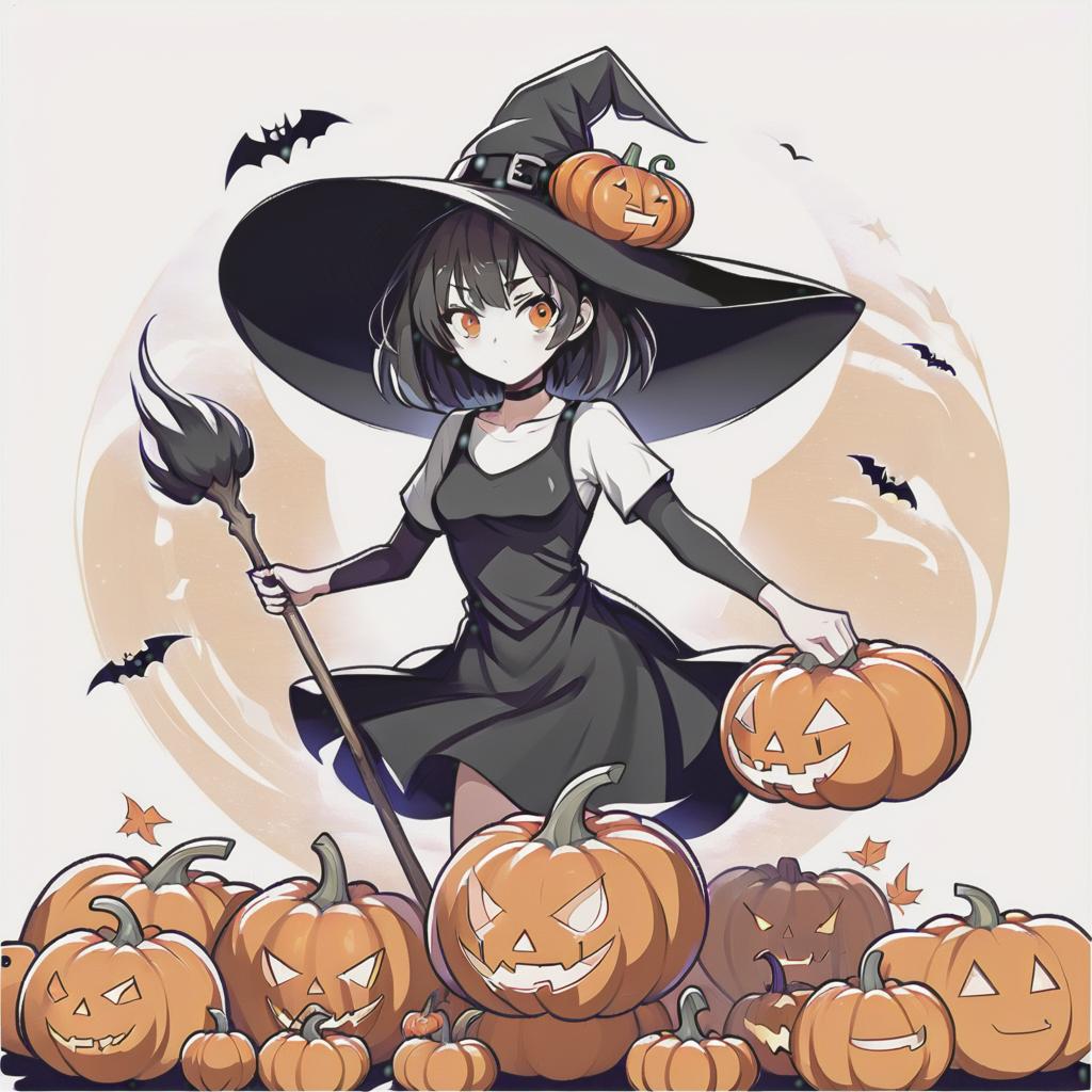  line art drawing girl in t shirt and black dress, with short hair, witch hat, cutting pumpkin, same nightmare. anime style . professional, sleek, modern, minimalist, graphic, line art, vector graphics