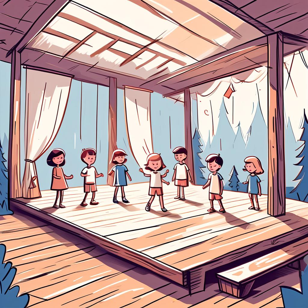  minimalist style children perform on a wooden stage in a camp retro style sketch . simple, clean, uncluttered, modern, elegant