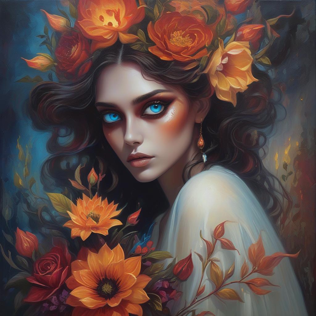  <mymodel>nataasha beautiful woman with flowers, oil painting, detailed fiery eyes, ethereal glow, dark and mysterious, high quality, vibrant colors, surreal, haunting, intricate floral details, intense gaze, mystical atmosphere, oil painting, demon, hybrid, fiery eyes, ethereal, vibrant colors, surreal, haunting, floral details, intense gaze, mystical atmosphere