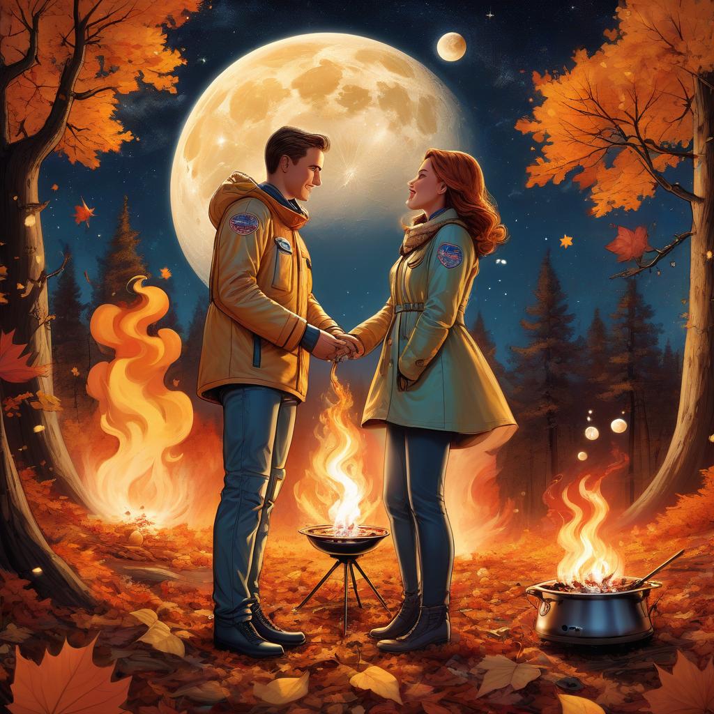  space themed a couple in love in an autumn forest by a fire roasting marshmallows on sticks, a date with benefits, close up shot, a humorous cheerful look, loving eyes and hearts, autumn leaves caught by the wind swirl near them, a romantic large moon in the sky, comicbook, comicbook style . cosmic, celestial, stars, galaxies, nebulas, planets, science fiction, highly detailed