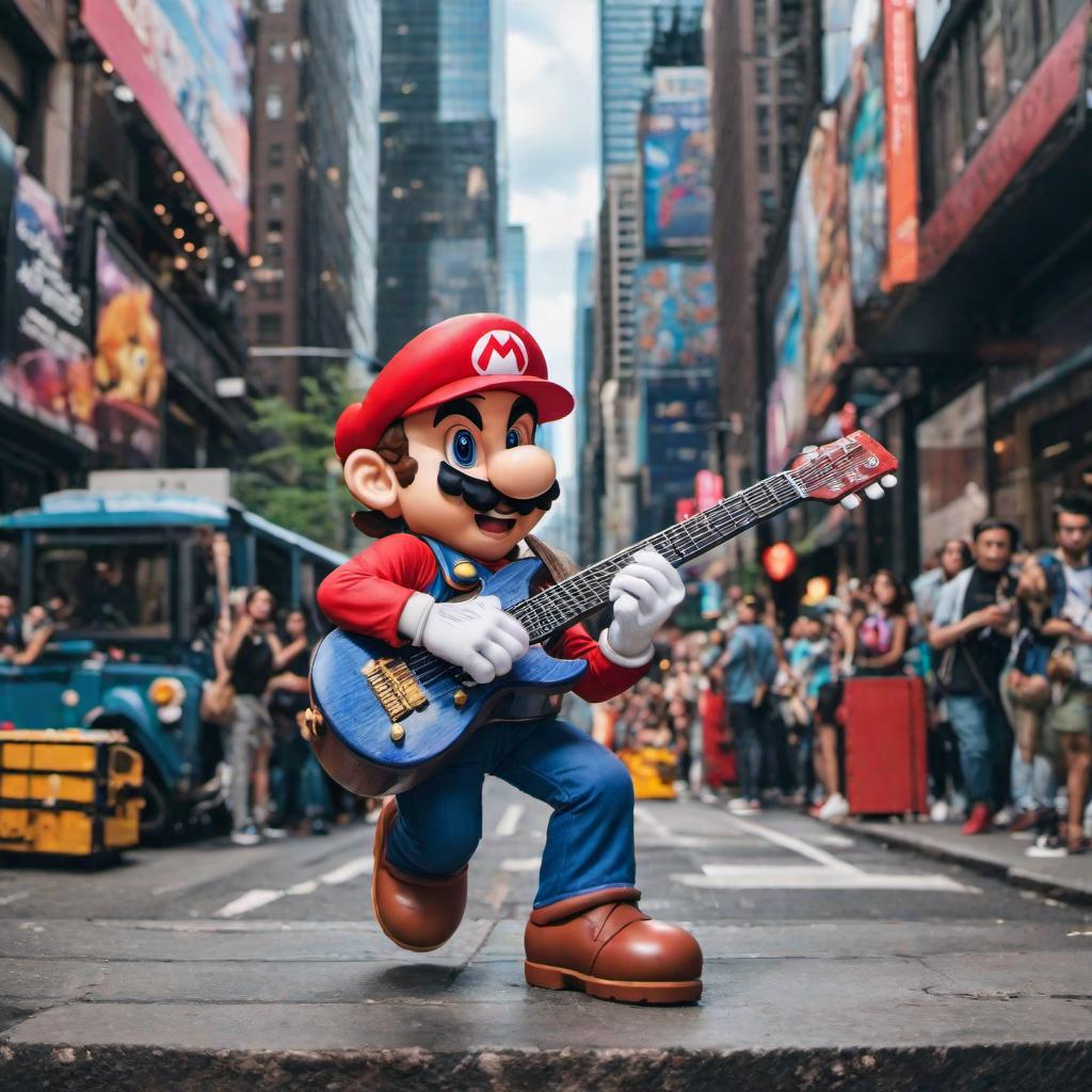  a super mario in transformer costume playing guitar in new york, profile image style