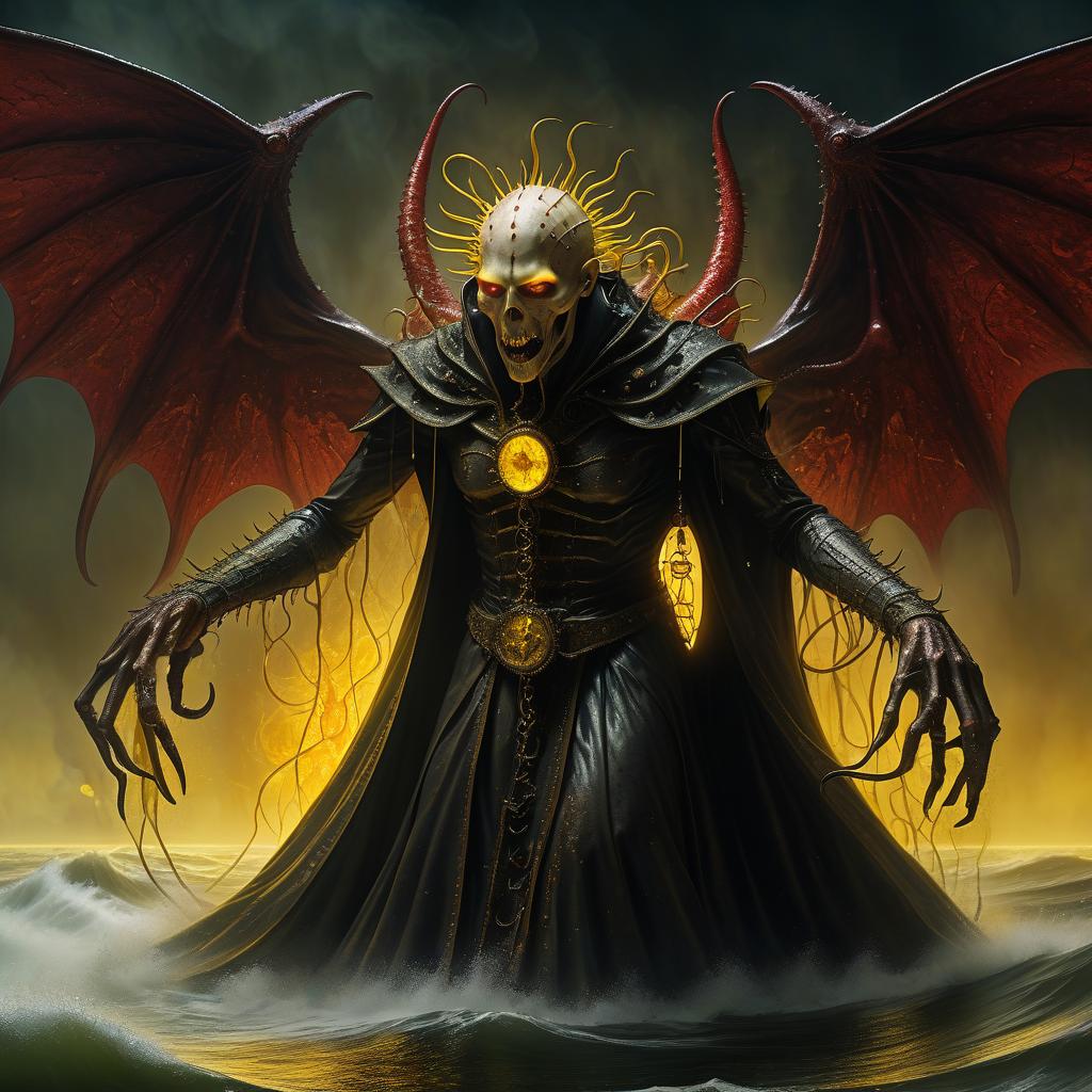  nautical themed demon (hellraiser) vampire thin creature in the priest's robe in a sticky shiny slime bent in the fog and light of yellow lights smoke red sparks spikes terror tentacles lovecraft necronomicon and rings of slime wings . sea, ocean, ships, maritime, beach, marine life, highly detailed