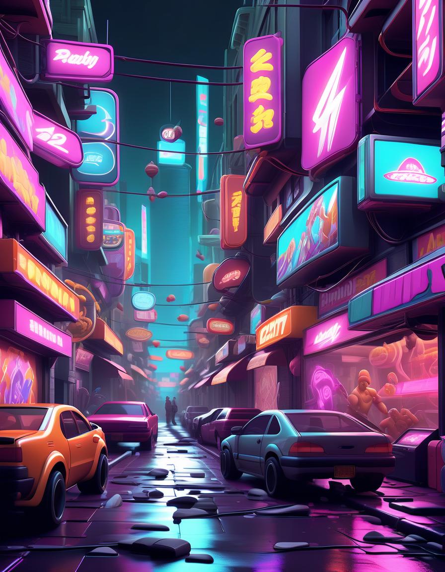  fighting game style neon street: a city street littered with advertising banners, neon signs, with crowded storefronts and bright vehicles. each element competes for attention. . dynamic, vibrant, action packed, detailed character design, reminiscent of fighting video games