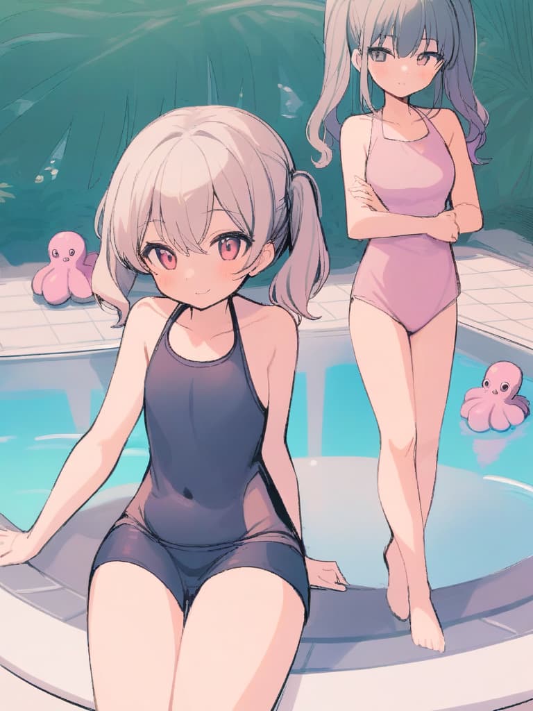  women's elementary students, twin tails, cute smiles, rich s, low stature, dark blue swimwear, old swimwear, swimwear, simple, male, shaped clear area, shaped clear phimosis,, octopus, male bulge , whole body, pool side,