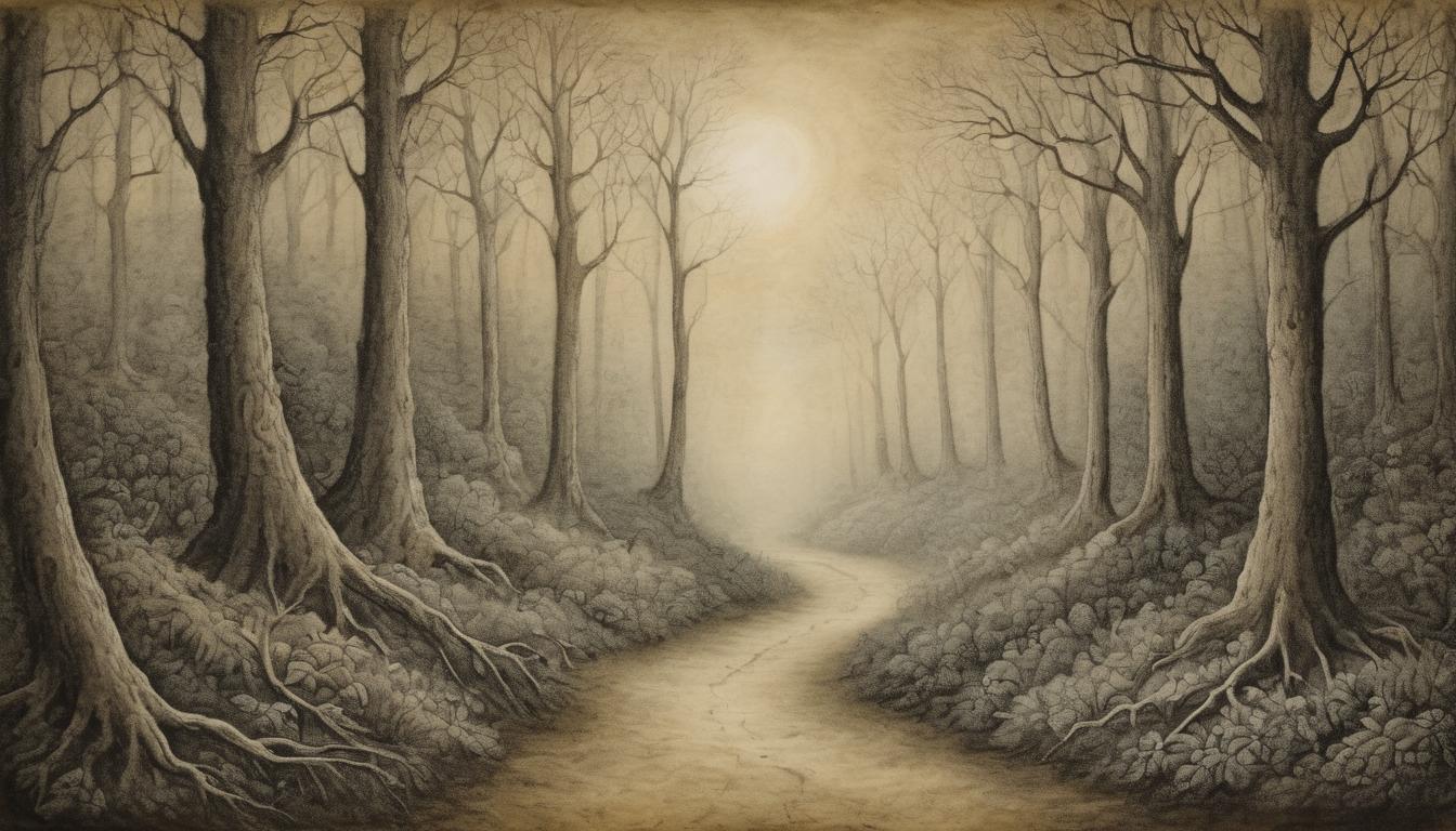  on parchment, surrealism++, pathway through dense forest, faint light ahead, mysterious, destined journey(mysterious, provocative, symbolic)++