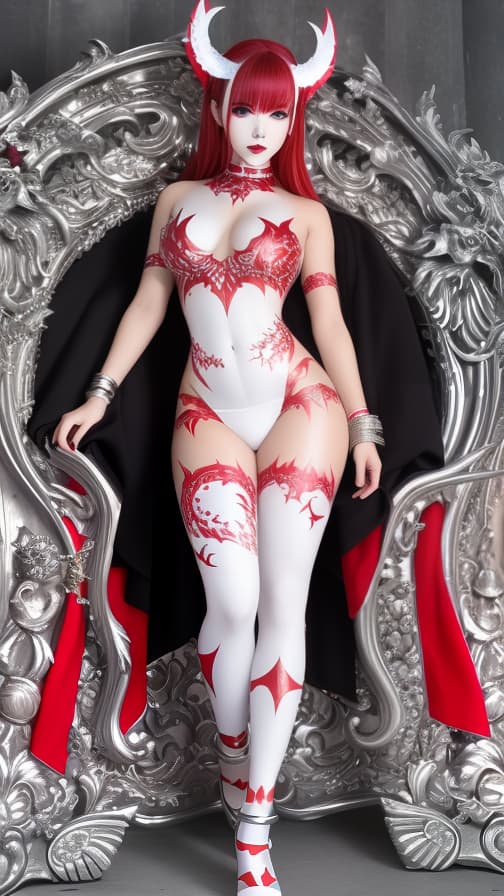  Full body red and silver flame pattern body paint,silver body paint on the whole body,White face paint on the face,succubus, full body image 女性