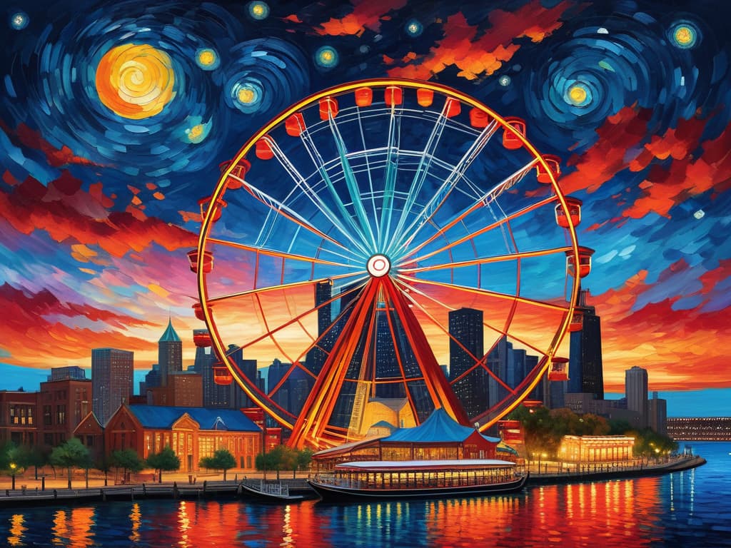  concept art chicago’s centennial ferris wheel, chicago’s navy pier, chicago skyline with prominent towers like willis, hancock, crains communication (slice building) with colorful van gogh swirls in the sky, van gogh's starry starry night with colorful red and orange swirls in the beautiful night sky, hyper realistic, chicago skyline, mesmerizing, intricate details, flambient golden and red sunrise, dramatic lighting, epic composition, wide angle, cinematic, masterpiece, high resolution, sharp details, best quality, 4k, raw photo, van gogh influence, studio lighting, impressionist, bold colors, starry sky, architectural elements, medium format lens, high angle, cityscape, city life, metropolitan, van gogh's brushstrokes, van gogh's shad