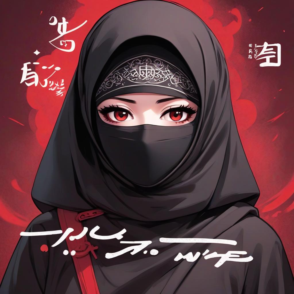  manga style a girl in a black niqab on a red background and the inscription on it in white letters: i do not want to be a second wife, but the first and last. . vibrant, high energy, detailed, iconic, japanese comic style