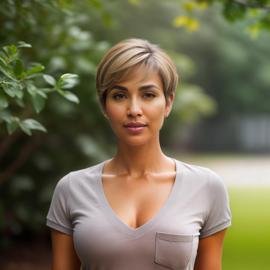  (((realistic full torso frontal head shot of a light brown to medium brown skin tone woman))), josefina flora reyes, ((hispanic heritage)), immature face, blue eye color, (pixie cut hair style), ((blonde hair color)), ((skinny body type)), flat size, small size, (immature broad nose), (immature defined cheekbones), (immature angular jawline), (immature medium lips), (immature prominent forehead), (immature even eyebrows), (immature rounded chin), standing straight looking directly into the camera,((wearing fitted polo shirt with deep v neck and monogrammed pocket)), backyard background, 1, best quality, highest quality, award winning photo, masterpiece, raw, professional photography, photorealism, sharp focus, cinematic hyperrealistic, full body, detailed clothing, highly detailed, cinematic lighting, stunningly beautiful, intricate, sharp focus, f/1. 8, 85mm, (centered image composition), (professionally color graded), ((bright soft diffused light)), volumetric fog, trending on instagram, trending on tumblr, HDR 4K, 8K