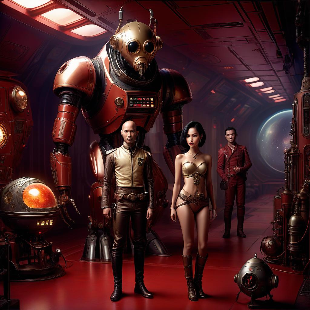  space themed a group of smugglers, a young of thai appearance, 20 year, small , elegant thin waist, long slender legs, black hair. a man with a , 40 year, small growth, bald, black. next to the droid and minotaur. full length image, steampunk, dieselpunk, paropunk, standing in a space tavern, against a background of red light. . cosmic, celestial, stars, galaxies, nebulas, planets, science fiction, highly detailed