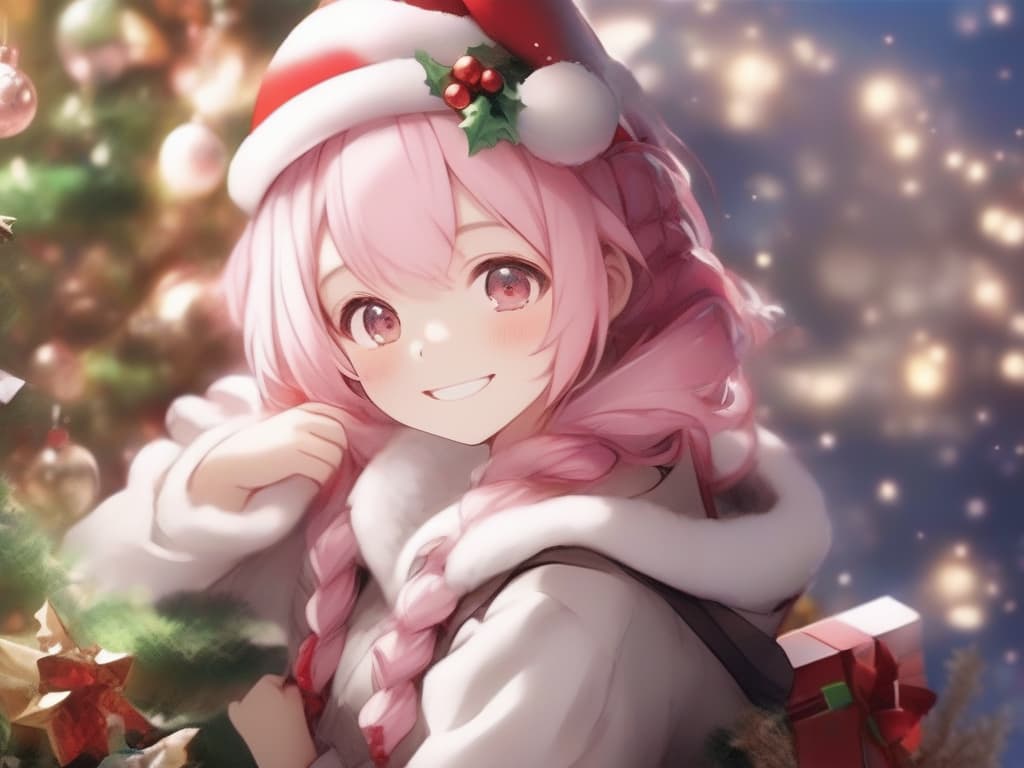  1girl,christmas,twin tail pink hair,black eyes,cute,smile,santa cosplay,