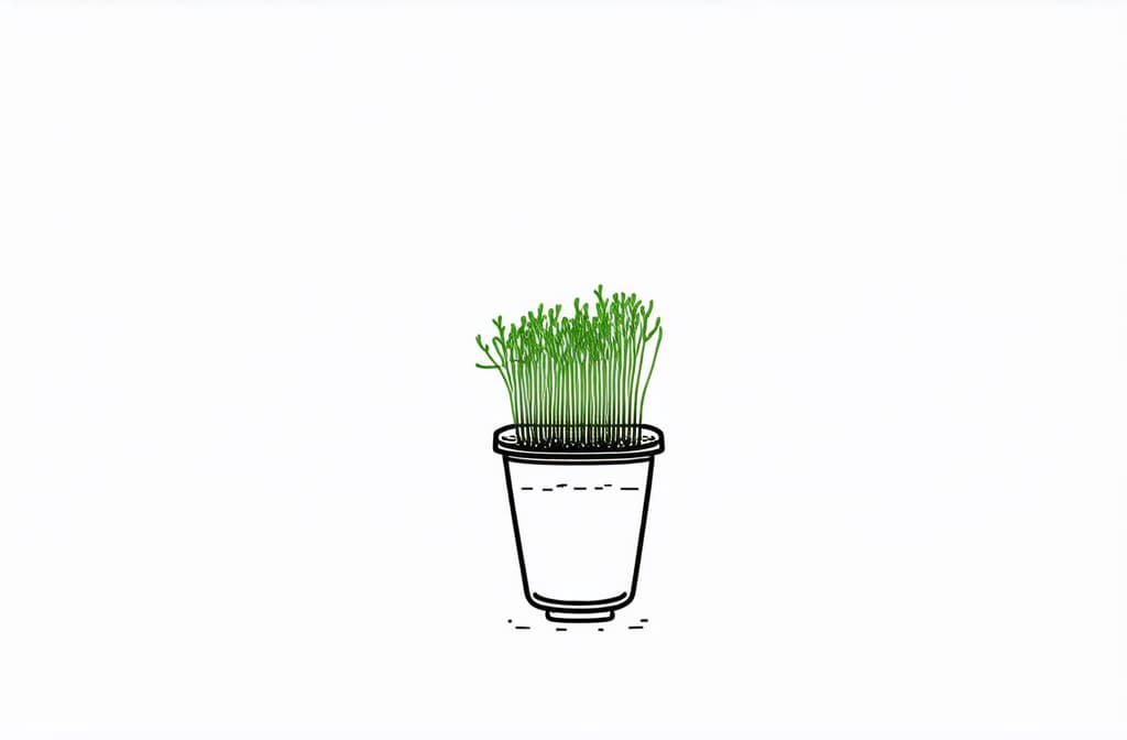  contour, very simple image in one unbroken black ink line, single line of microgreens sprouting in a transparent container on a white simple background, natural good light, close up ar 3:2 using a single continuous black line ink brushon white background, drawing should be created without lifting the pen, recognizable features of microgreens sprouting in a transparent container on a white simple background, natural good light, close up ar 3:2 in one unbroken line