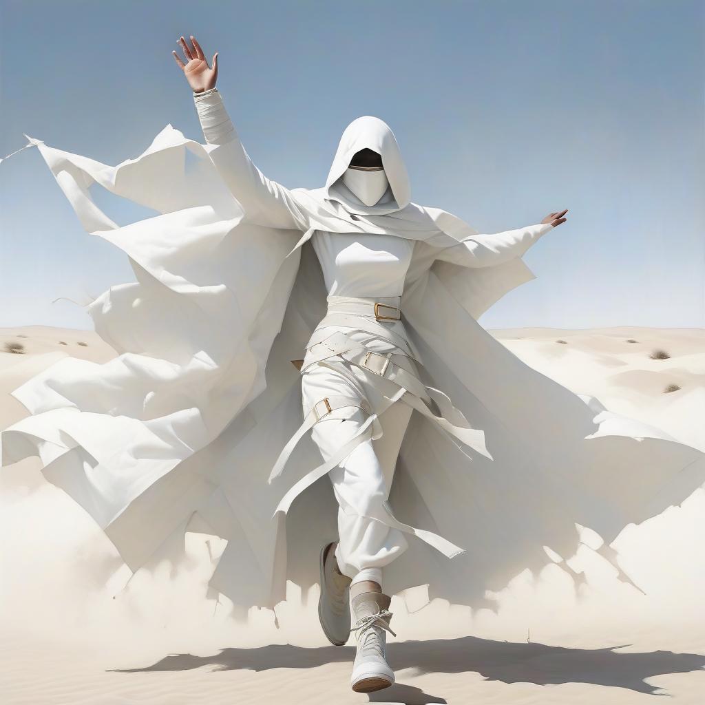  a very thin girl with a black spot instead of a face, with a white scarf on the lower part of her face, in a white suit of white bandages, in white sleeves, in white gloves with natural fingers, in a white ragged cloak, with large round holes throughout the area of the cloak, in laced grey shoes. hands up. a pointed hood. big square buckles. three wide belts on the belt. gray laced shoes. thin legs, thin hips.