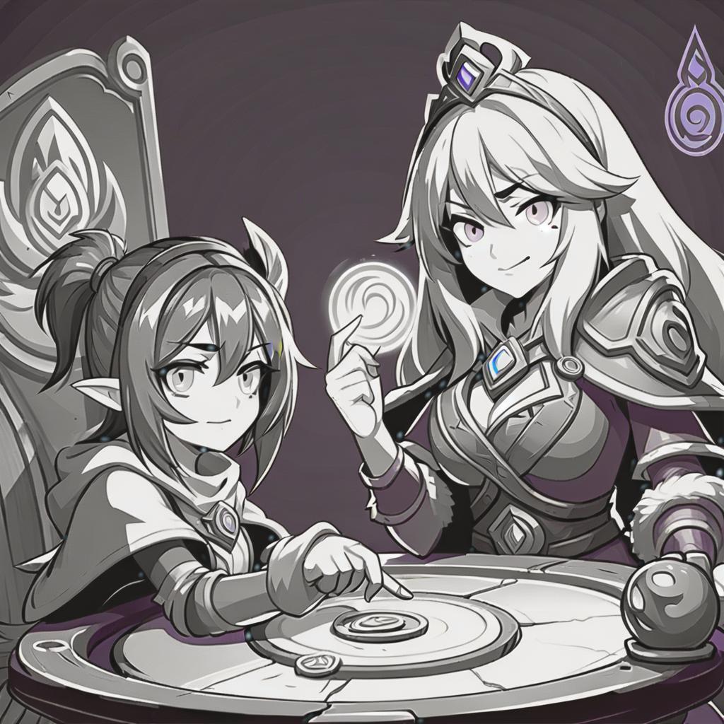  line art drawing two girl play hearthstone, same nightmare. anime style . professional, sleek, modern, minimalist, graphic, line art, vector graphics