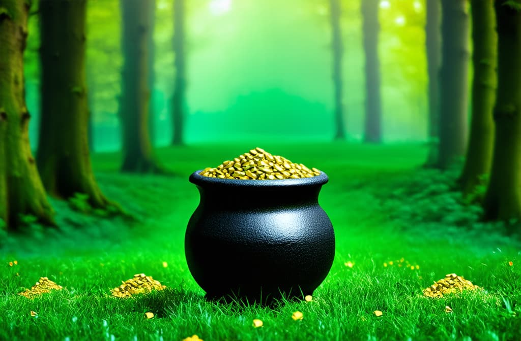  professional detailed photography, st. patrick's day, pot of gold on a green forest background, fairy magic, rainbow, free space for text ar 3:2, (muted colors, dim colors, soothing tones), (vsco:0.3)