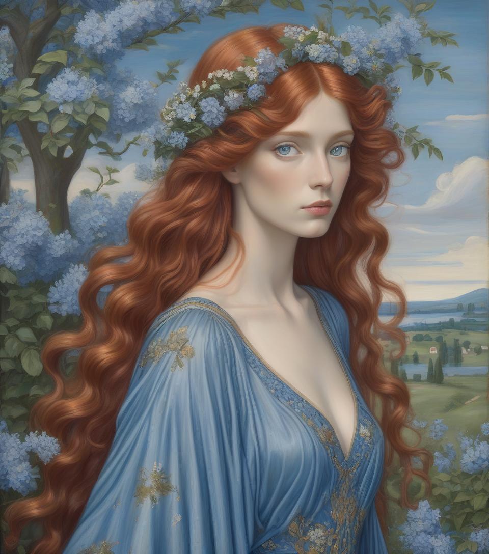  a painting of a woman with flowing red hair, blue attire, and a floral crown standing among blue blossoms. create a portrait of a woman with detailed eyes in the style of the pre raphaelite brotherhood. she has botticelli style wavy, voluminous auburn hair, adorned with small blue flowers. she is dressed in a blue gown with a sheer, diaphanous over dress that flows elegantly, complementing the flowers in her hair. her fair skin, striking green eyes, red cupid's bow lips, and contemplative expression enhance her serene beauty. the pastoral background is romantic and ethereal, with weeping trees, soft hued flowers and clouds, demonstrating a reverence for natural beauty. this artwork blends realism with fantasy, resulting in a captivating and