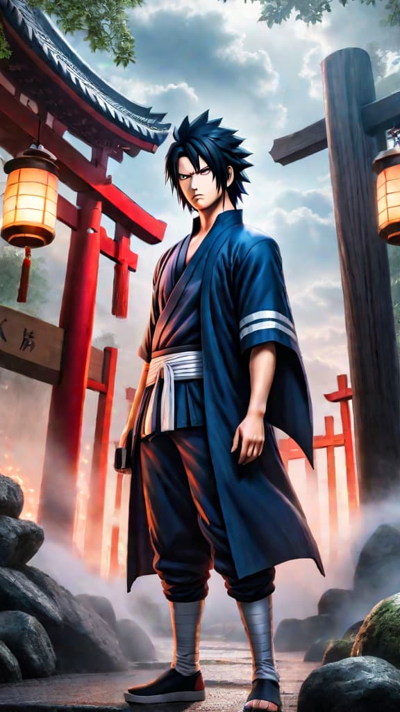  anime art: sasuke uchiha stands before konoha gates, seeking power to avenge his clan's massacre by itachi. hyperrealistic, full body, detailed clothing, highly detailed, cinematic lighting, stunningly beautiful, intricate, sharp focus, f/1. 8, 85mm, (centered image composition), (professionally color graded), ((bright soft diffused light)), volumetric fog, trending on instagram, trending on tumblr, HDR 4K, 8K