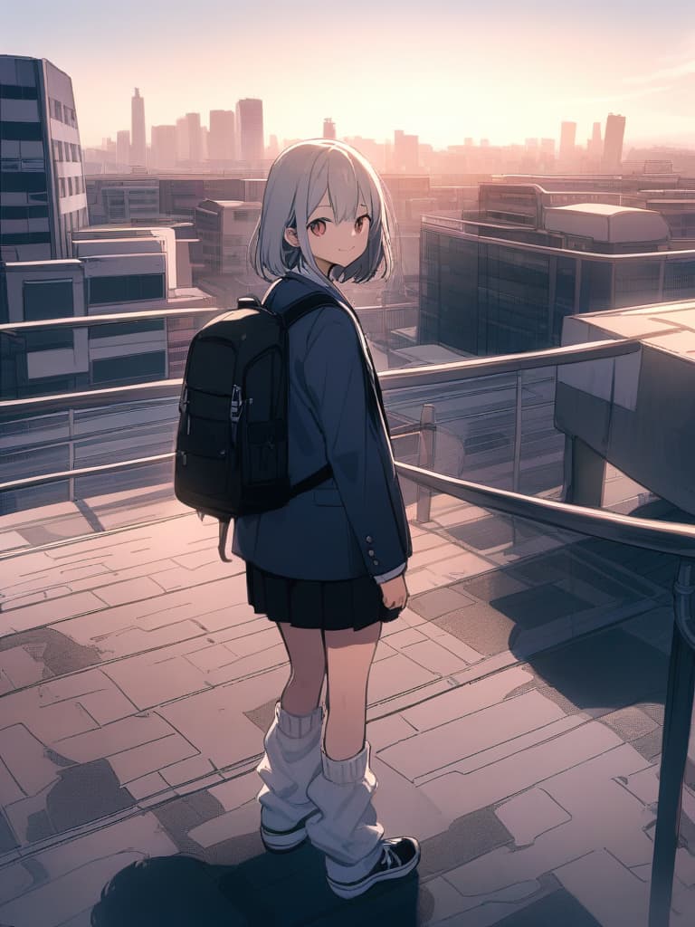  men's junior high , blazer, mini , transvese, short hair, cute smile, backpack, ultra long loose socks, bottom sneakers, city landscape,