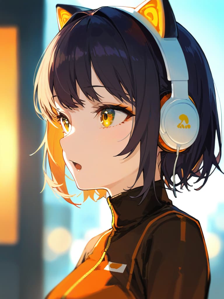  (black cat ear headphones: 1.2), blurry, masterpiece, open mouth, best quality, close up, from front, medium hair, (pure eyes: 1.2) , earring, orange overside jacket, (shoulder gap: 1.2), (white turtereneck: 1.1), (hair pin: 1.3)