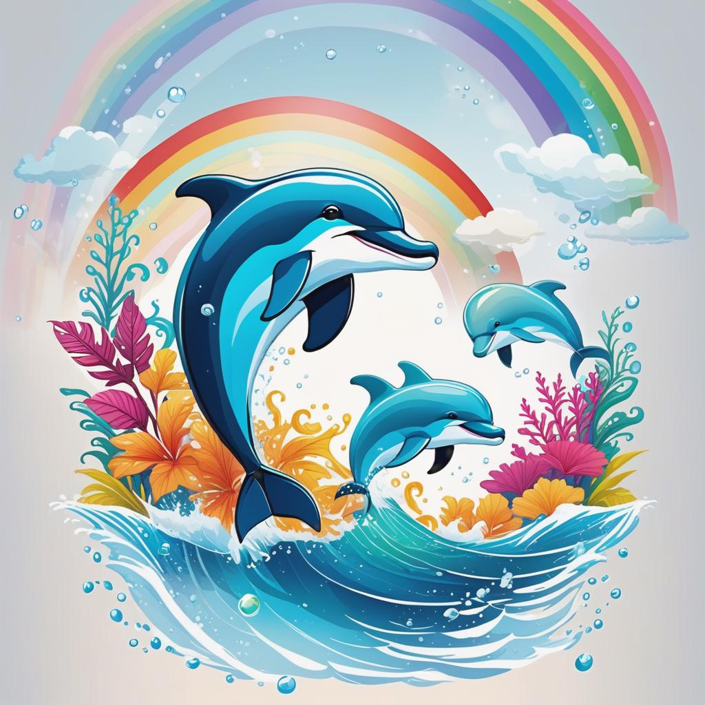  three cute happy dolphins jumping out of the water, playing together, rainbows and sunshine, other fish and ocean creatures