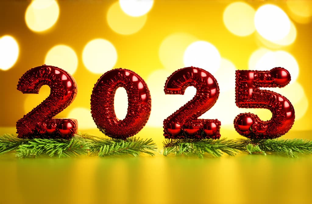  little red color volume letters “2025” made from red christmas tree balls over festive blurred bokeh golden background, empty place around letters ar 3:2 {prompt}, maximum details