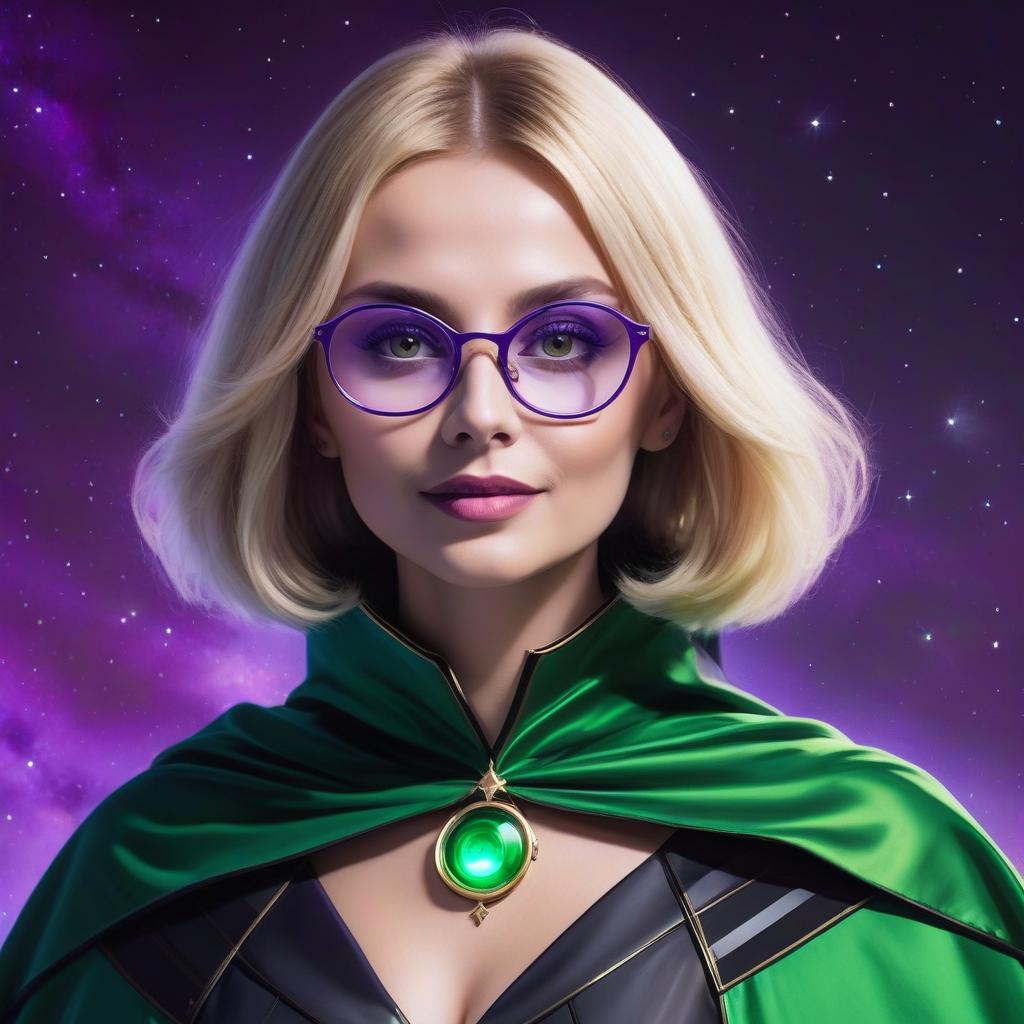  digital photo, russian woman over the age of 50, round face, slavic type with a round chin, plump cheekbones, large wide set eyes with an almond shaped incision, blonde hair, caret haircut, black cape with green stripes. glasses with transparent glasses and a narrow rectangular frame of lemon green color, with kind eyes and a kind closed smile raised corners of the lips among stars and planets in purple clouds, haze