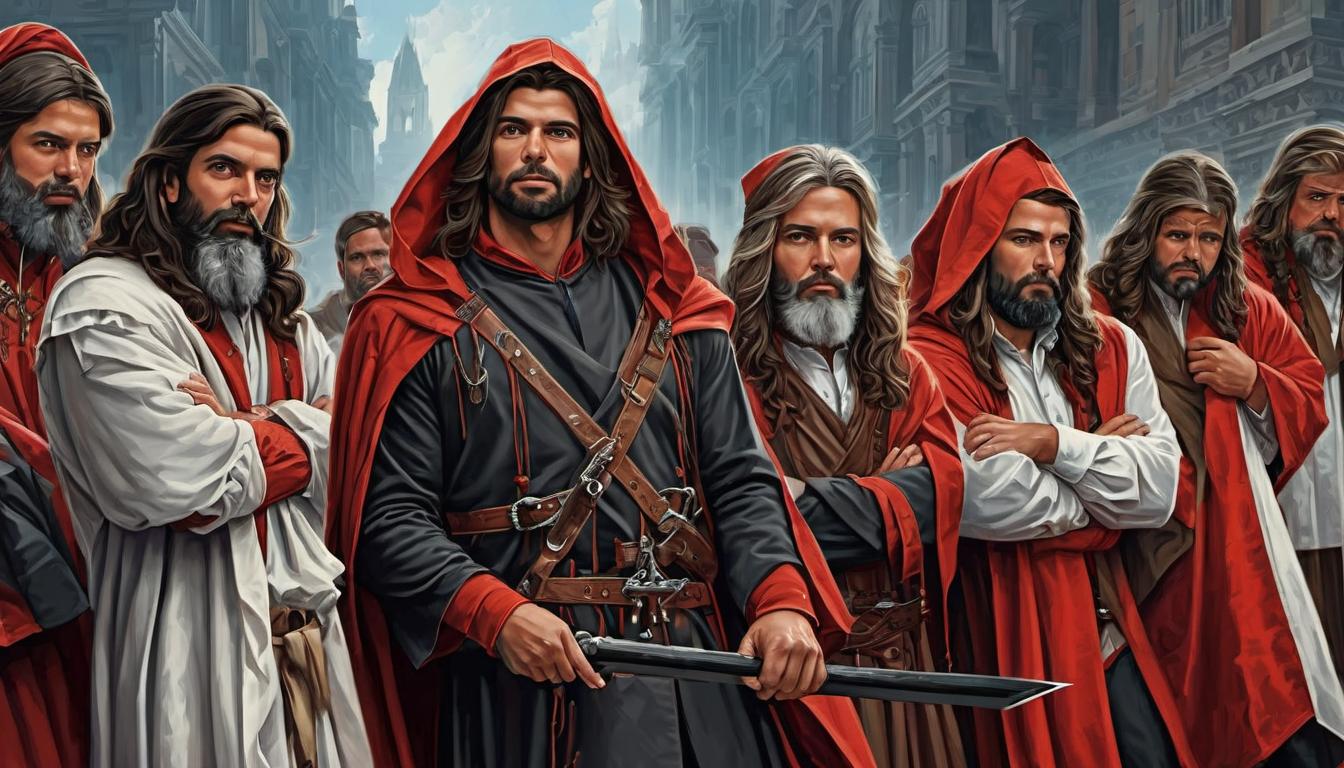  digital painting of group of false prophets, rich garments, confident expressions, contrasting with jeremiah, deceptive aura looking at viewer, dynamic pose, (intricate details, masterpiece, best quality)