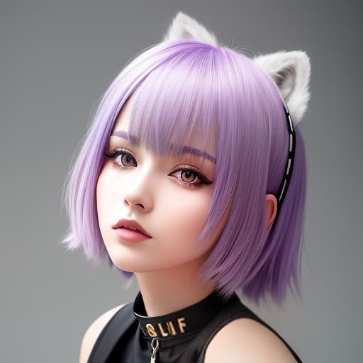  Subculture light purple hair color hair cut wolf cut girl with collar and staring