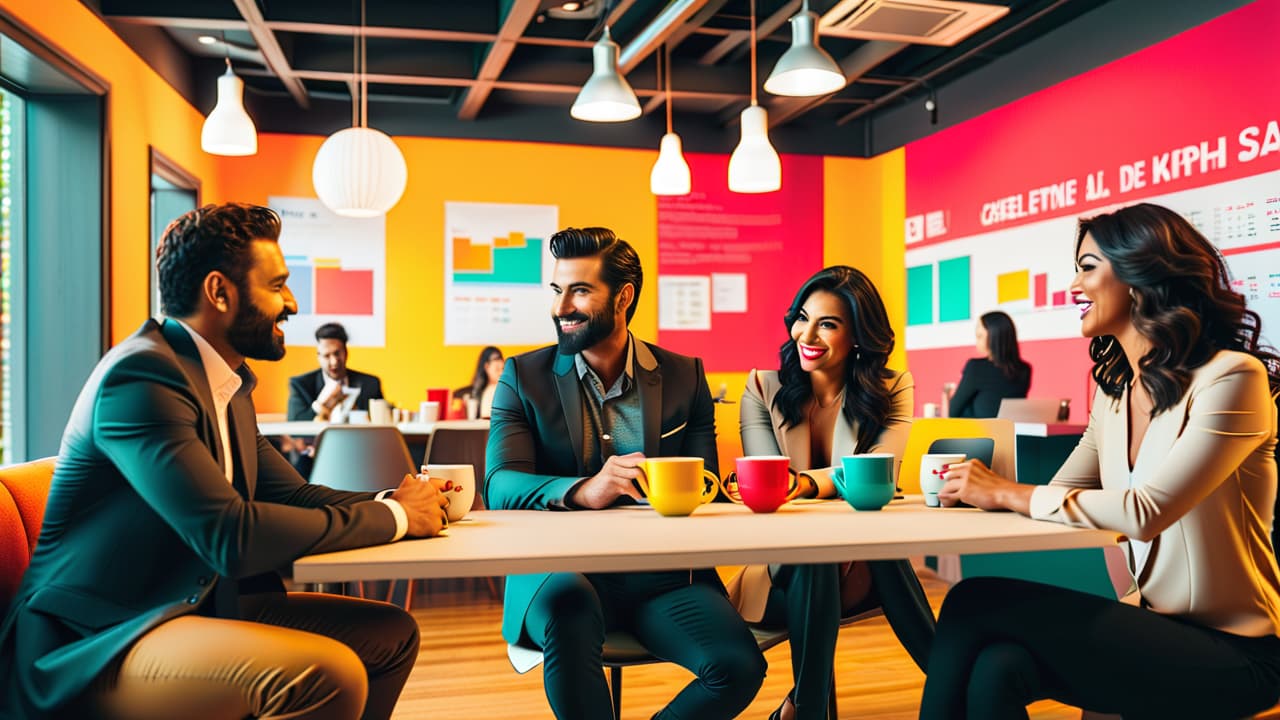  a diverse group of franchise owners in a modern café setting, engaged in a brainstorming session, with vibrant decor, coffee cups, and charts on a table, showcasing collaboration and entrepreneurial spirit. hyperrealistic, full body, detailed clothing, highly detailed, cinematic lighting, stunningly beautiful, intricate, sharp focus, f/1. 8, 85mm, (centered image composition), (professionally color graded), ((bright soft diffused light)), volumetric fog, trending on instagram, trending on tumblr, HDR 4K, 8K