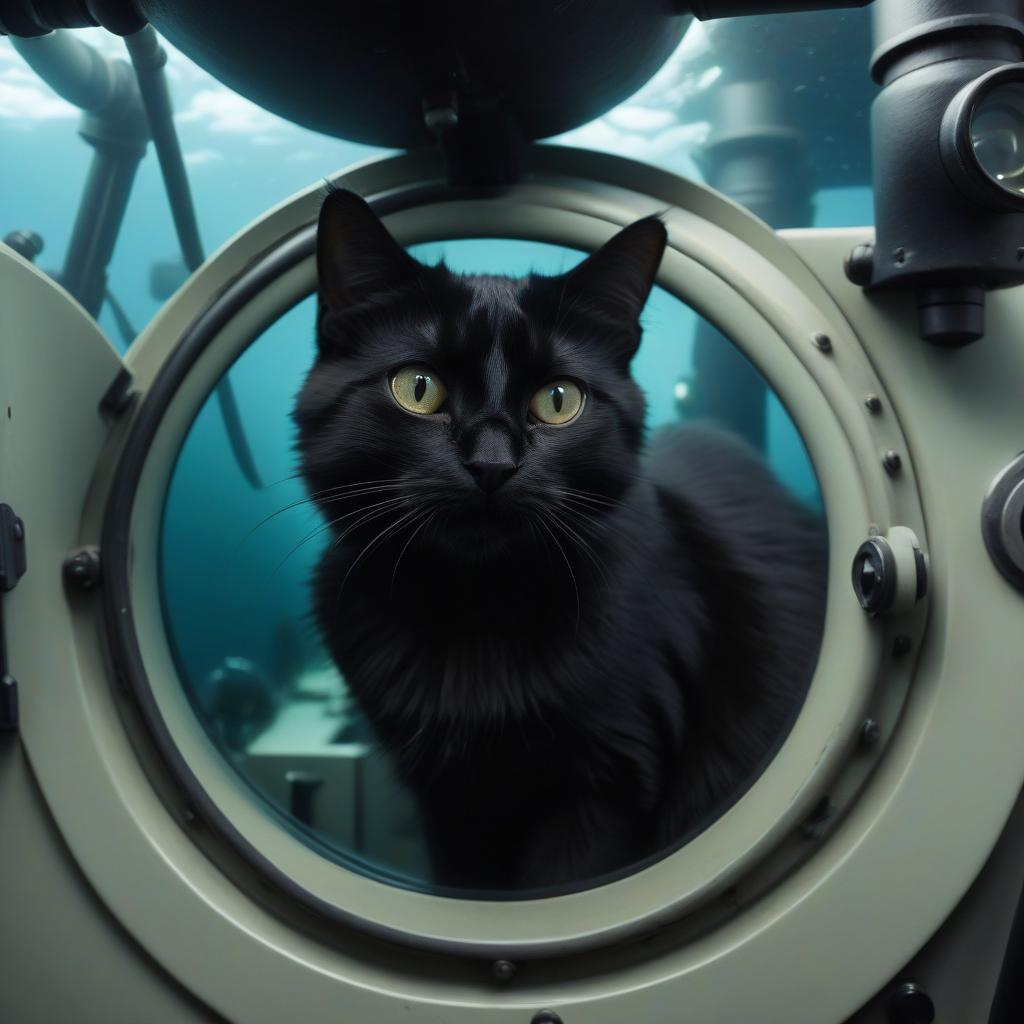  a furry black cat looks into the periscope in a submarine