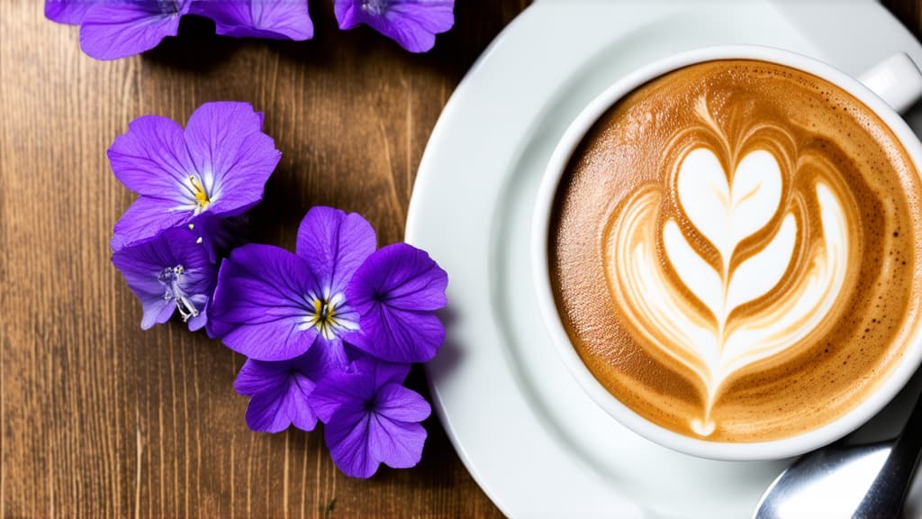  close up of cappuccino, violet flowers, avatar image, hyper realistic photography,soft vintage glow, professional postcard photo ar 16:9 {prompt}, maximum details