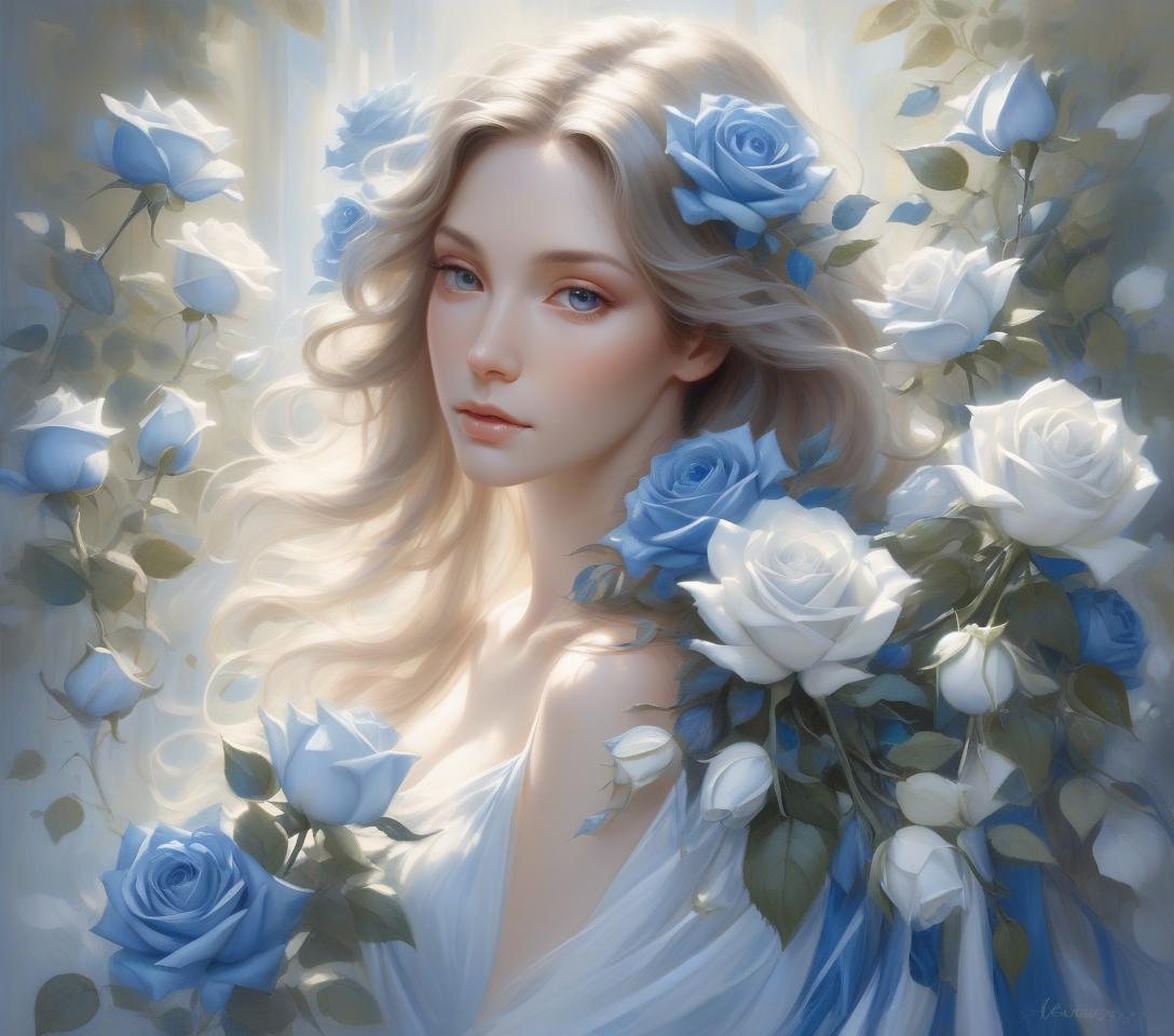  a serene woman with flowing hair holds blue and white roses, surrounded by soft light and delicate leaves, embodying grace and beauty in a captivating portrait