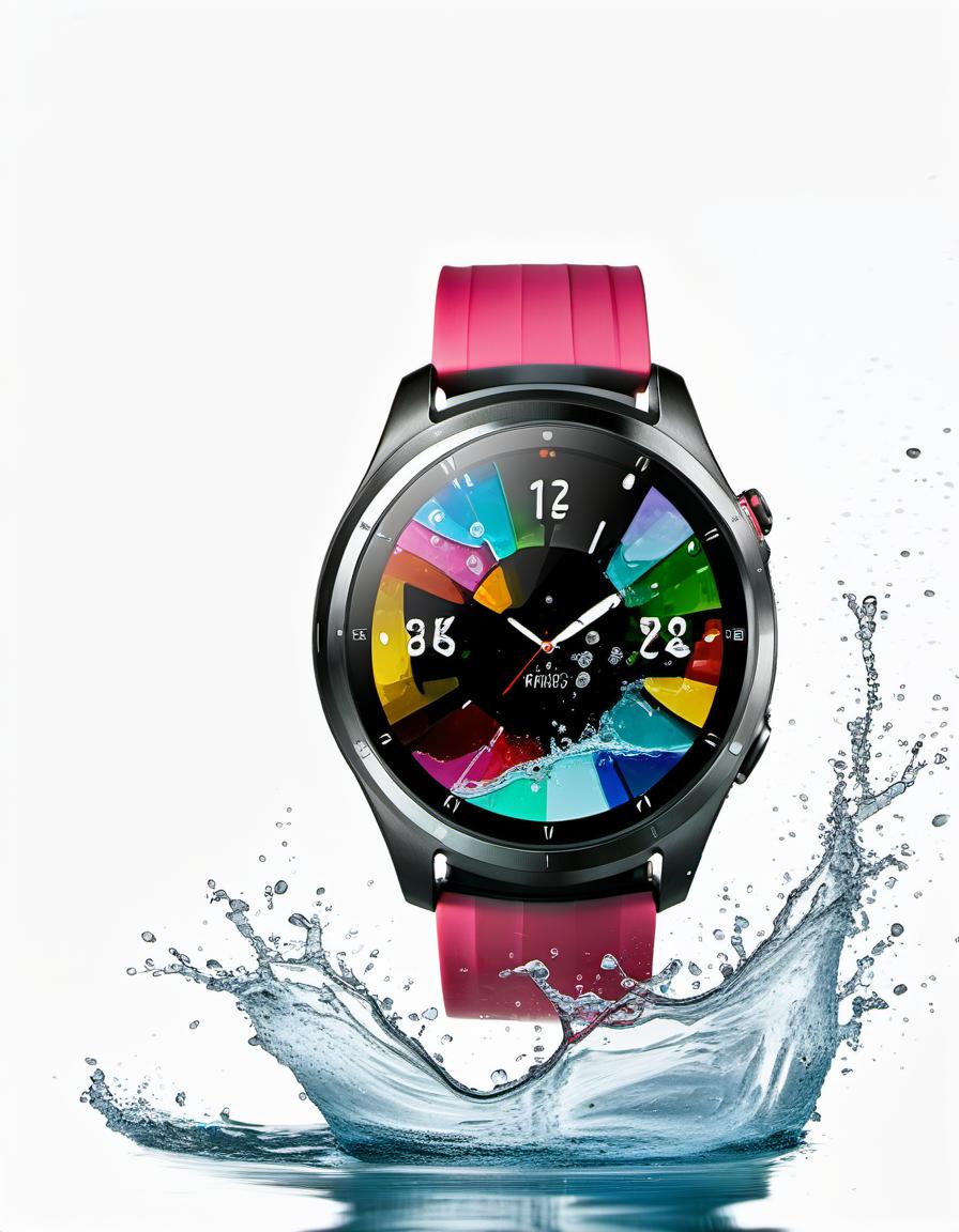  smart watch on a white background, around water splash, film photography style