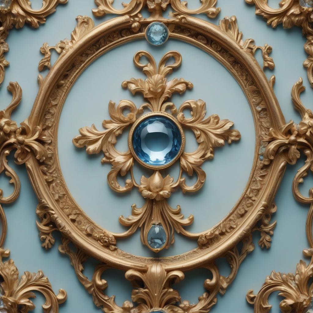  cinematic film still create an image that presents a refined, symmetrical design in the baroque or rococo style. it includes intricate curls with acanthus leaves and floral motifs, done mostly in gold with some elements outlined in light blue and champagne . in the centre and top of the design are two prominent round blue accents that look like gemstones or similar decorative elements. this type of design is often used in architectural jewellery, furniture decor or other forms of classical art and ornamentation. . shallow depth of field, vignette, highly detailed, high budget, bokeh, cinemascope, moody, epic, gorgeous, film grain, grainy