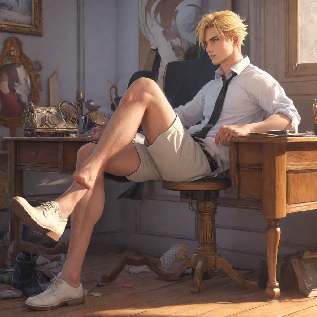  a handsome man is sitting putting his feet on the desk with wearing shoes, male, european, blonde, young adult, artstation, fantasy anime mix, anime realism mix, fantasy realism, (dreamlike art nouveau:1.3), fantasy movie