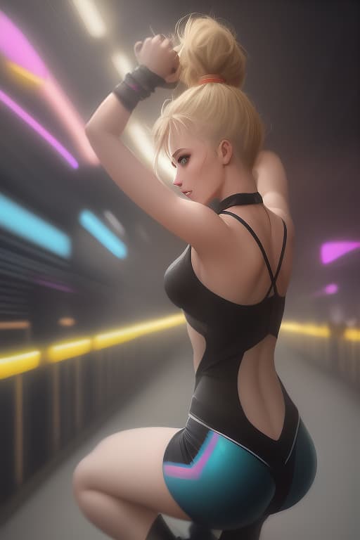  a climbing over a fence in a modern city during twilight, dressed in fashionable party clothes. her hair is styled in a trendy id or a sleek ponytail. in the background, neon signs and lights illuminate the way to a distant nightclub, where the beats of modern dance music can be felt. the scene is filled with energy, youth, and freedom. the style should resemble modern dance track covers: bright colors, high contrast shadows, and gradient effects to evoke a sense of motion and rhythm. sketch of a flat oil painting, watercolor, (extremely detailed oil painting:1.2), glow effects, godrays, hand drawn, render, 8k, octane render, cinema 4d, blender, dark, atmospheric 4k ultra detailed, cinematic sensual, sharp focus, humorous illu