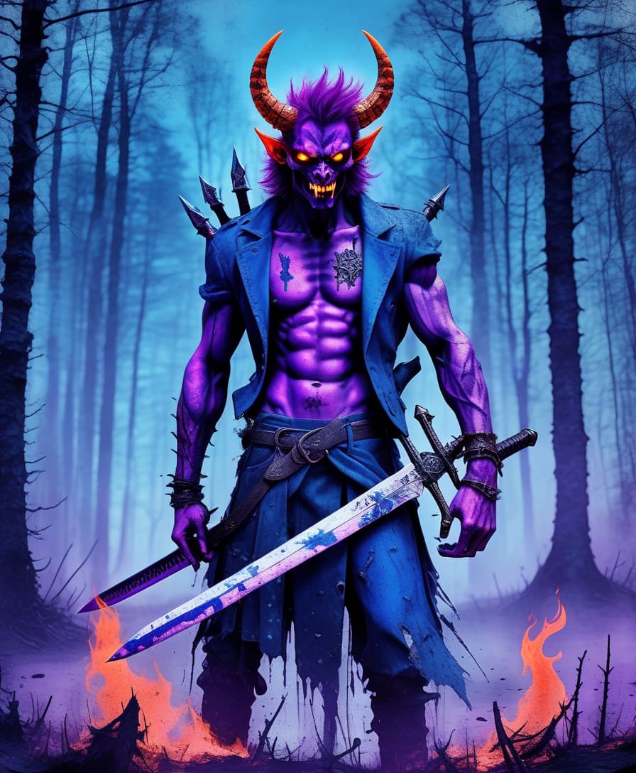  grunge style a fiery demon with a sword in his hand, in the background a mysterious forest, purple blue blue white colors . textured, distressed, vintage, edgy, punk rock vibe, dirty, noisy