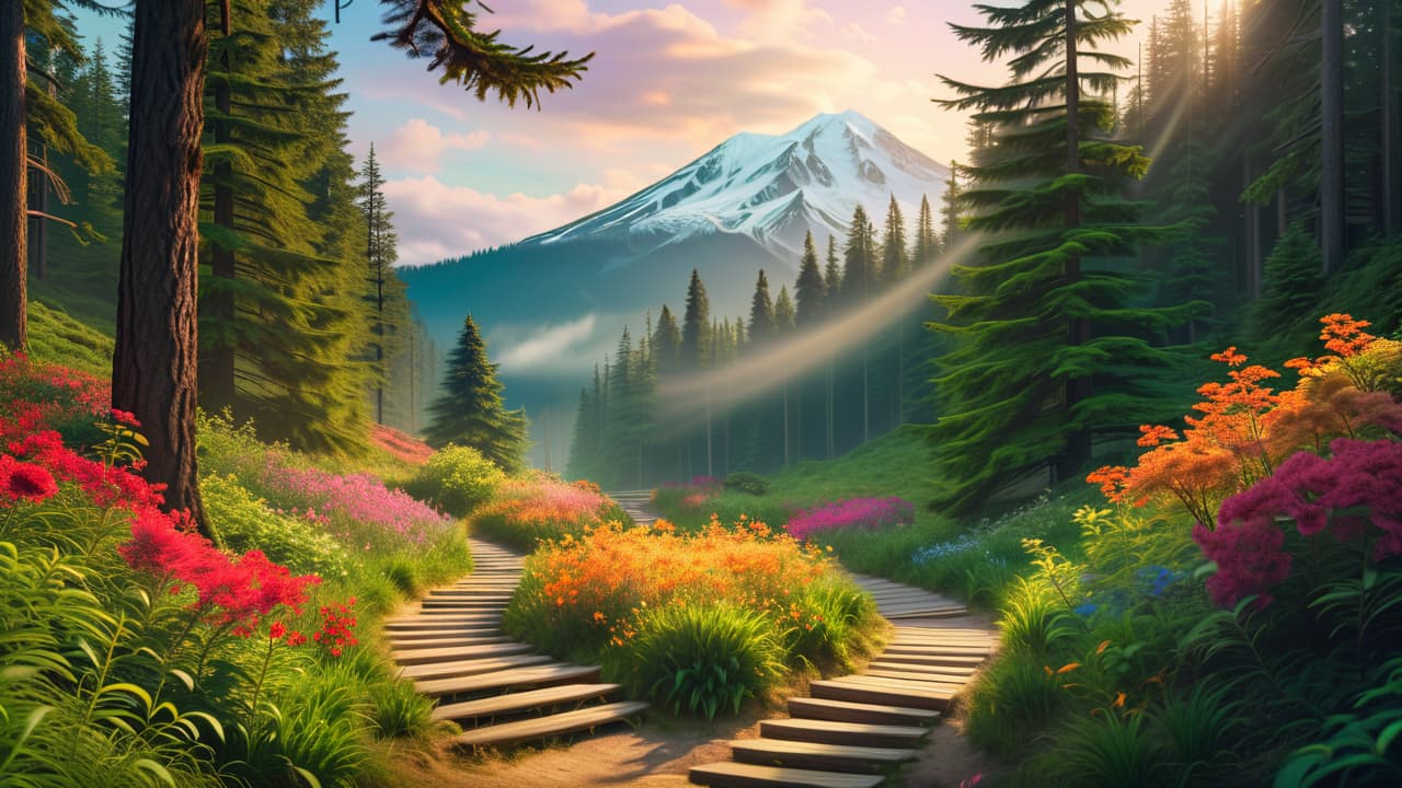  a serene landscape featuring a winding path through a dense forest, leading to a distant mountain peak. along the path, various signposts symbolize different life goals, adorned with bright flowers and soft sunlight filtering through trees. hyperrealistic, full body, detailed clothing, highly detailed, cinematic lighting, stunningly beautiful, intricate, sharp focus, f/1. 8, 85mm, (centered image composition), (professionally color graded), ((bright soft diffused light)), volumetric fog, trending on instagram, trending on tumblr, HDR 4K, 8K