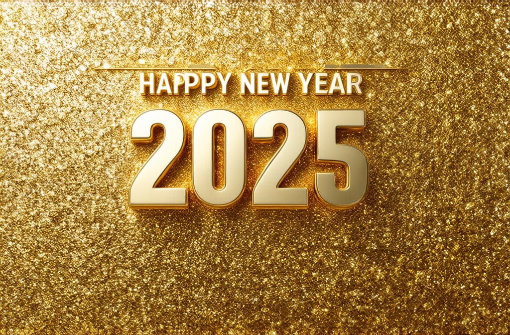  professional detailed photography, happy new year 2025 poster on golden background ar 3:2, (muted colors, dim colors, soothing tones), (vsco:0.3)