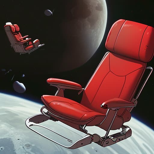  red chairs in zero gravity on the moon