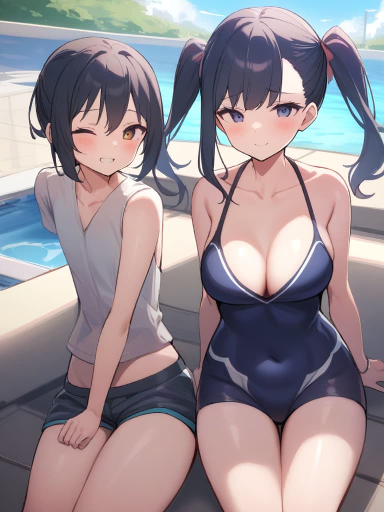  women's elementary students, twin tails, cute smiles, rich s, low stature, dark blue swimwear, old swimwear, swimwear, simple, male, shaped clear penalties, clear shaped philosophy, male (swelling), front, front, front, front the whole body, pool side,