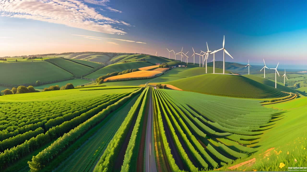  a vast solar farm under a bright blue sky, wind turbines spinning gracefully on rolling hills, scattered hydropower dams, and lush green landscapes, all interconnected by vibrant energy lines, symbolizing harmony in renewable energy efficiency. hyperrealistic, full body, detailed clothing, highly detailed, cinematic lighting, stunningly beautiful, intricate, sharp focus, f/1. 8, 85mm, (centered image composition), (professionally color graded), ((bright soft diffused light)), volumetric fog, trending on instagram, trending on tumblr, HDR 4K, 8K