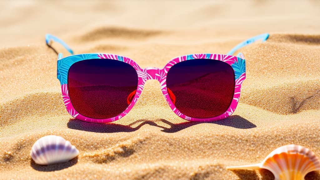  a pair of women's sunglasses sitting on a sandy beach, elegant tropical prints, bright colored plastic frame, highly detailed refraction, summer color pattern, colorful holiday, lush paradise, pink and blue, shells on the sand, scenic full frame, layered, full color, istock, beautiful, wallpaper ar 16:9 {prompt}, maximum details