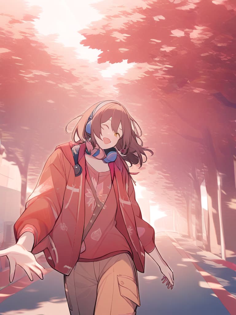  (((headphone around the neck:2.0))),very loud laugh,(((very joy:1.8))),(pastel red brown color palette:1.3),(pastel red hoodie with white maple tree print:1.4),(brown cargo pants:1.2),white sneakers,(red maple tree cap:1.1),(red and brown brown bracelet:1.1)