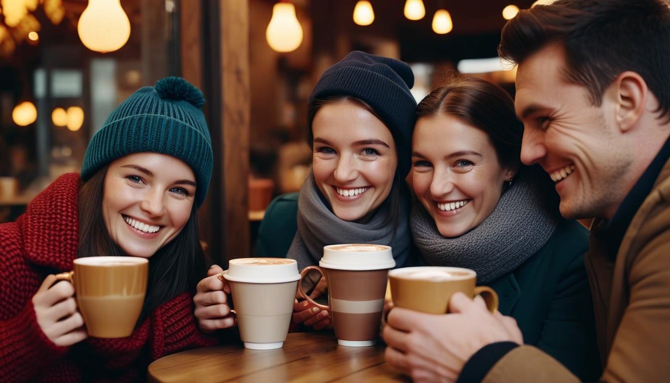  cinematic photo photographic image, autumn, friends: 3 men aged 40 and 3 women in a cozy cafe, they are cold, drinking hot cocoa from cups, and smiling, image detailing . 35mm photograph, film, bokeh, professional, 4k, highly detailed, perfect hands