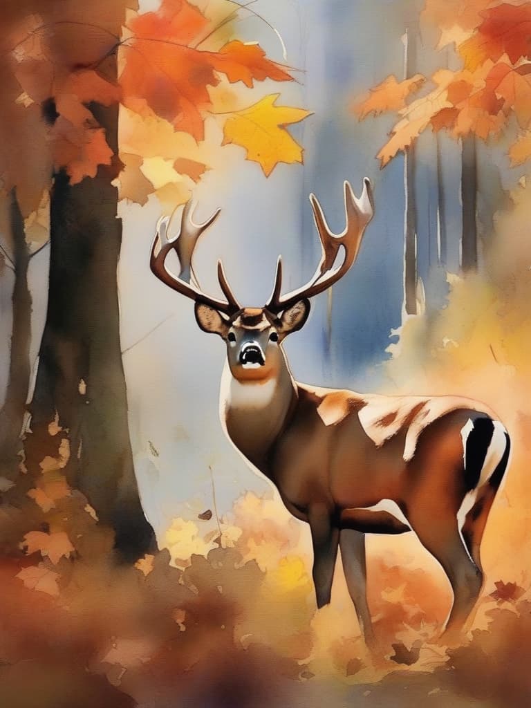  masterpiece,one deer,fine antlers,looking at me,autumn leaves,gs,in the woods,high quality,16k