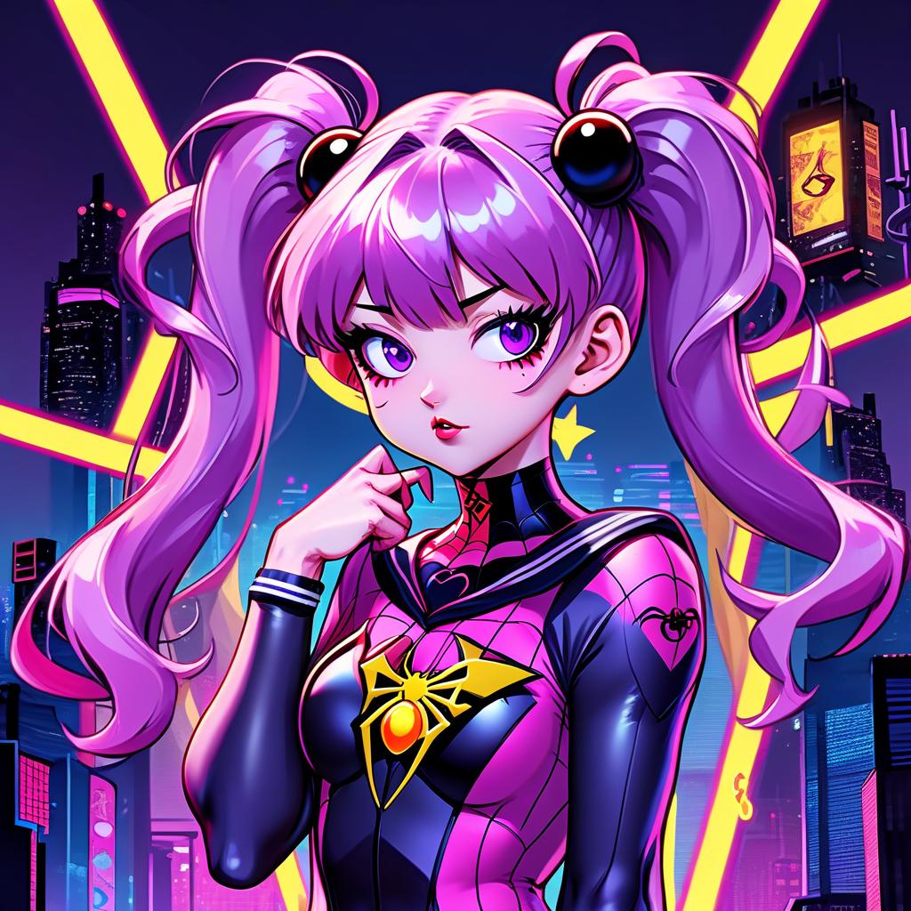  anime artwork gothic style, anime, girl with purple hair, one ponytail on her head, sailor moon costume, gwen stacey costume, spider, spider man, cyberpunk, neon, gothic makeup, frowny face . anime style, key visual, vibrant, studio anime, highly detailed, hkmagic