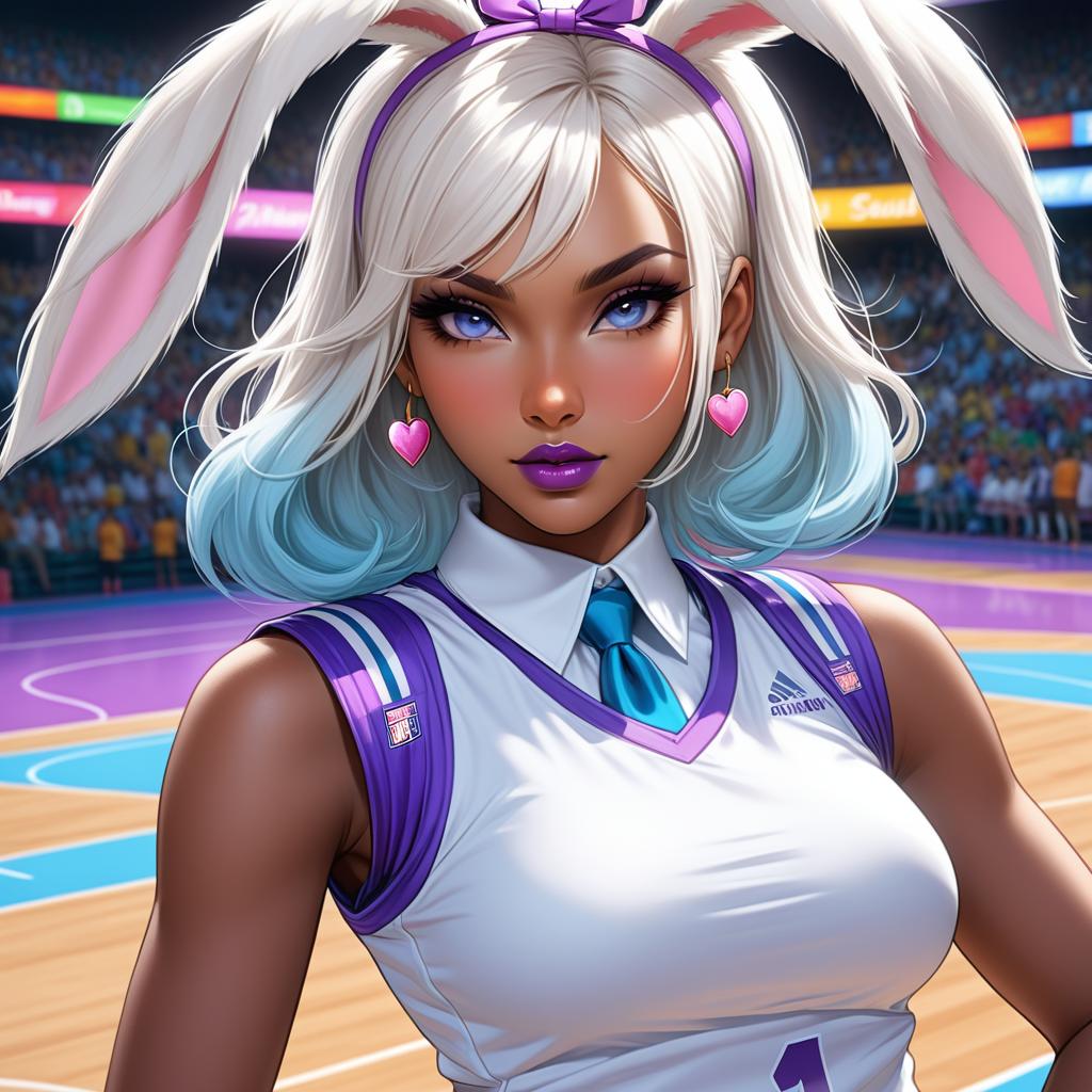  anime art very beautiful, scary bunny girl, eerie, dark brown skin woman, icy blue eyes, white hair, hair accessories, has long bunny ears, has bunny tail, has beauty marks on upper lip and on jaw, bow shaped lips, angled medium arched eyebrows, nubian nose, heart shaped face, vegas gold and purple basket ball jersey, basketball court., award winning, professional, highly detailed, masterpiece