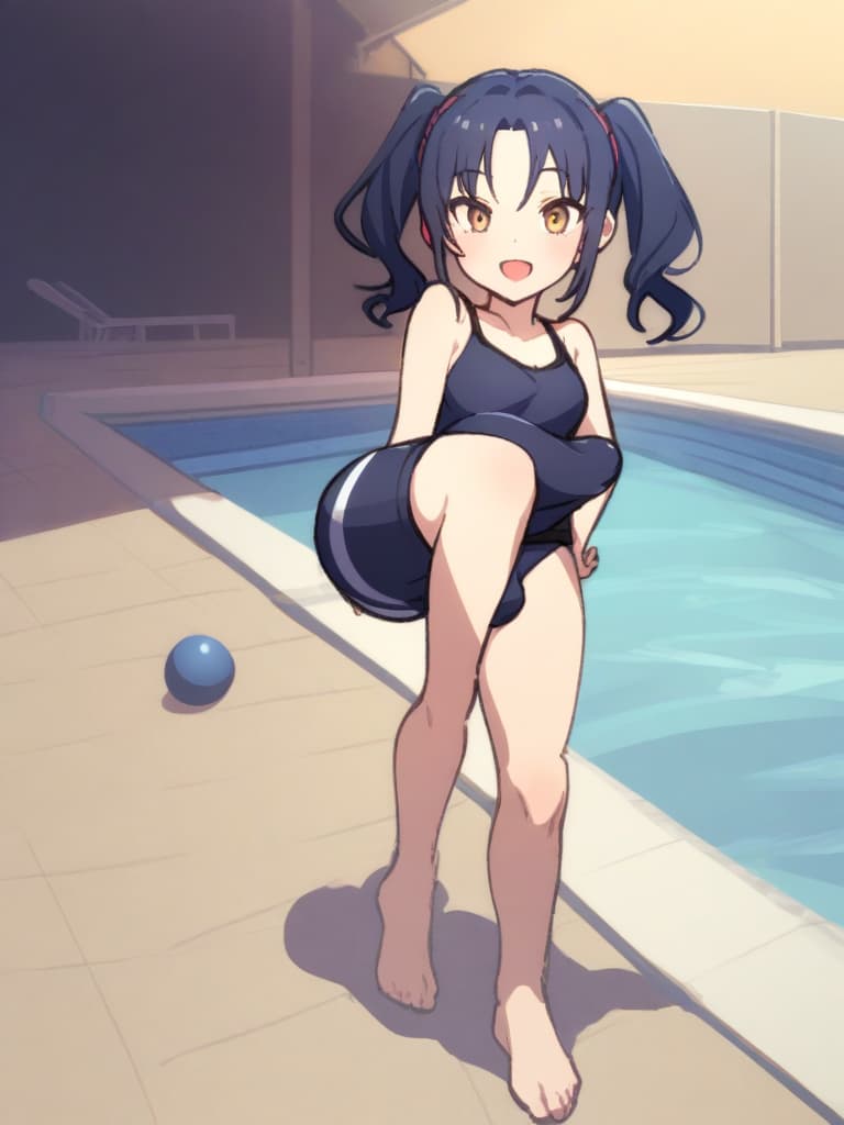  women's elementary students (male), twin tails, cute smiles, rich s, low stature, dark blue swimwear, old swimwear, , simple, , (bulge), male (bulging), front, whole body, pool side,